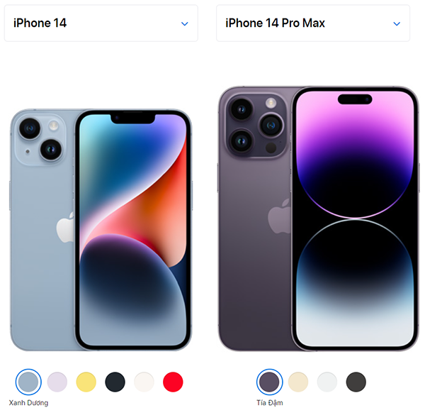 Màu Xanh Dương trên iPhone 14 và Tím Đậm trên iPhone 14 Pro Max là 2 tùy chọn màu bán chạy nhất